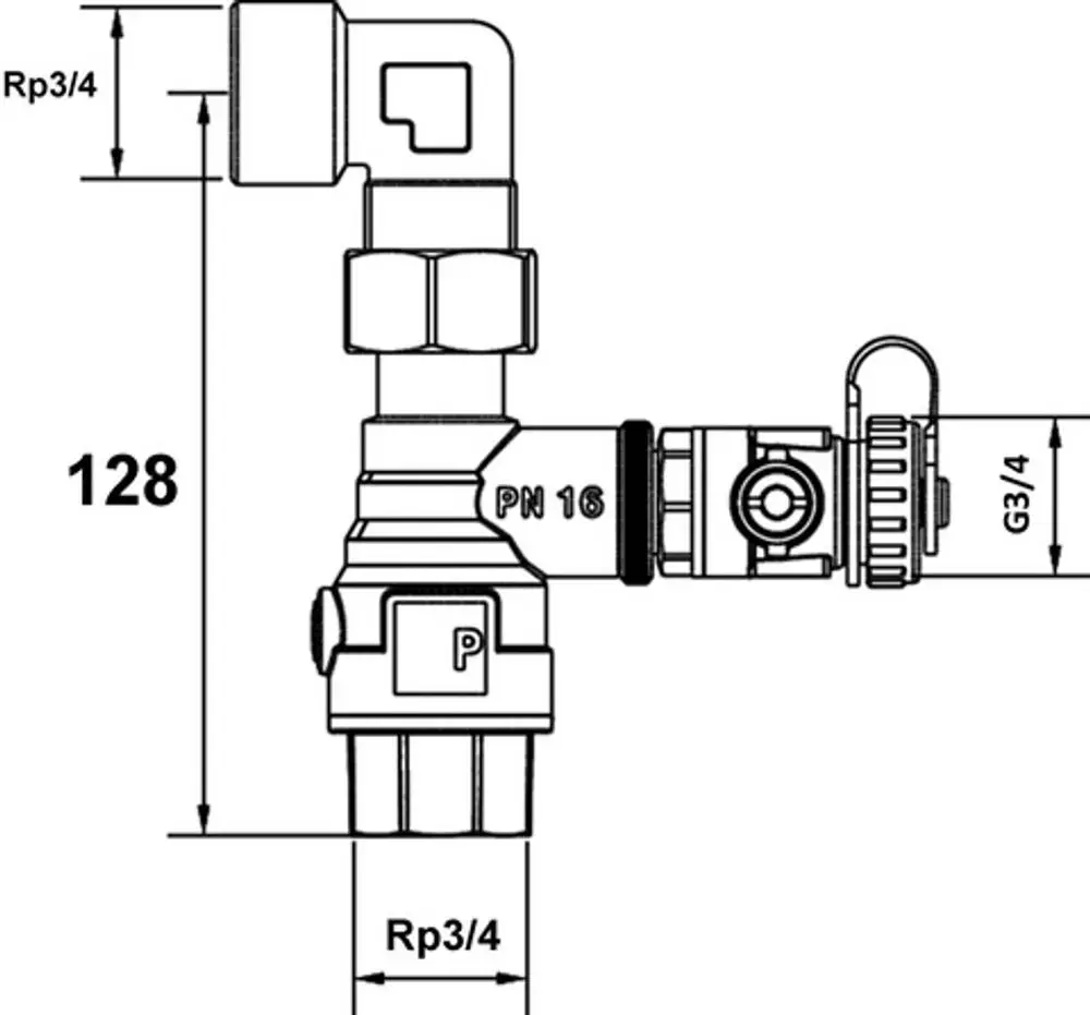 Detailskizze eines Anschlusssets von IMI Hydronic Engineering, das eine Mischung aus Rohr, Winkelelementen und weiteren Komponenten zeigt, geeignet für pneumatische Anwendungen.